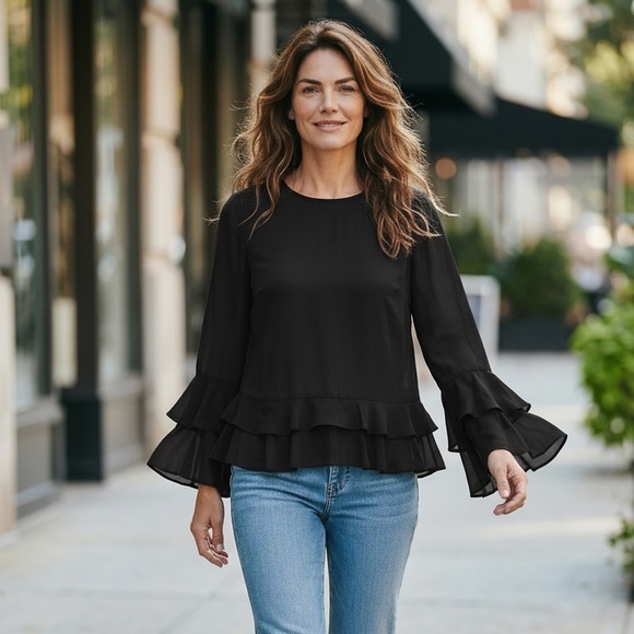 Worthington Tops - Worthington Black Ruffle Tiered Sleeve Blouse